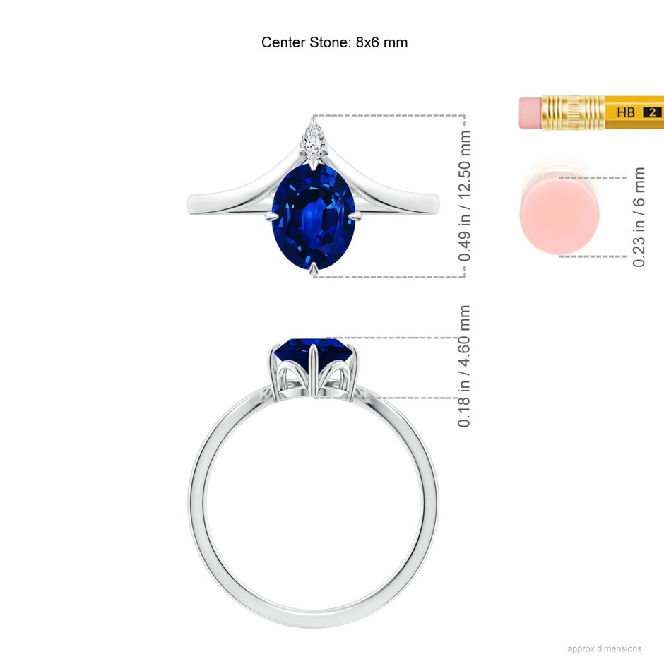 8x6mm Labgrown Lab-Grown Prong-Set Oval Blue Sapphire Chevron Engagement Ring in White Gold ruler