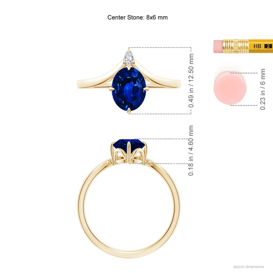 8x6mm Labgrown Lab-Grown Prong-Set Oval Blue Sapphire Chevron Engagement Ring in Yellow Gold ruler