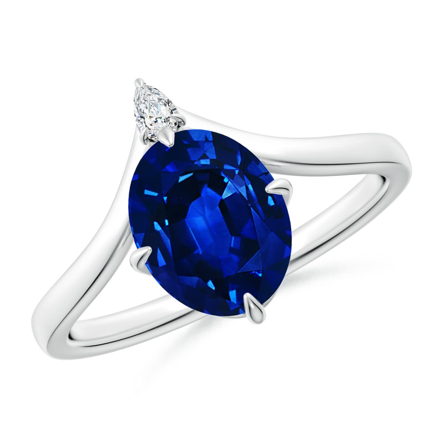 9x7mm Labgrown Lab-Grown Prong-Set Oval Blue Sapphire Chevron Engagement Ring in 18CT White Gold