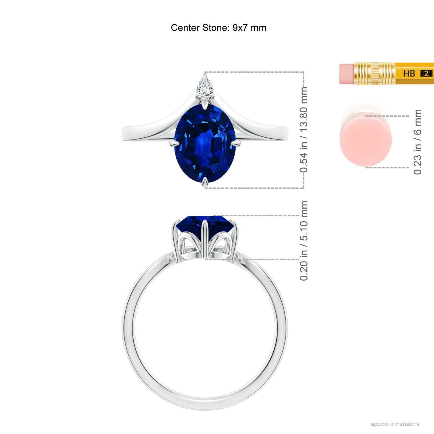 9x7mm Labgrown Lab-Grown Prong-Set Oval Blue Sapphire Chevron Engagement Ring in White Gold - ruler