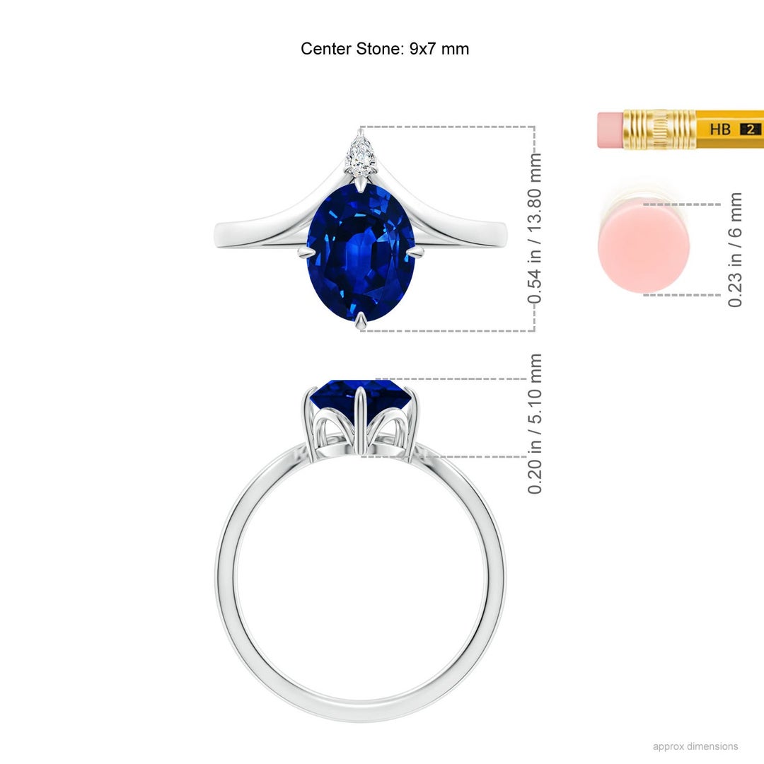 9x7mm Labgrown Lab-Grown Prong-Set Oval Blue Sapphire Chevron Engagement Ring in White Gold - ruler