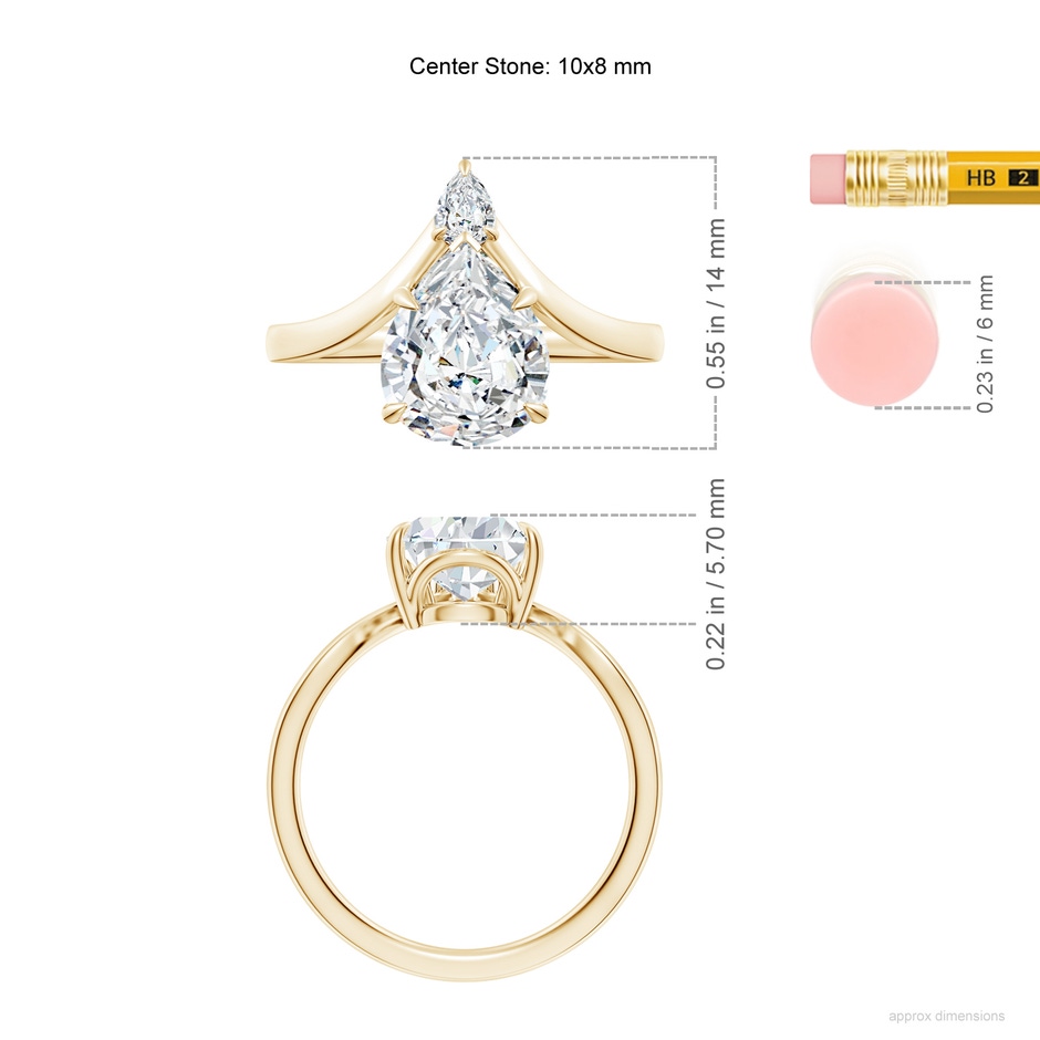 10x8mm FGVS Lab-Grown Prong-Set Pear Diamond Chevron Engagement Ring in Yellow Gold ruler