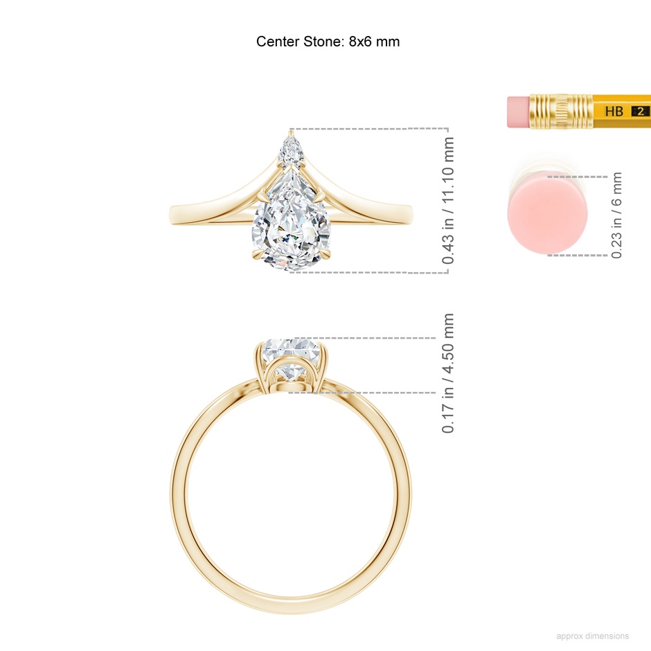 7.7x5.7mm FGVS Lab-Grown Prong-Set Pear Diamond Chevron Engagement Ring in 10K Yellow Gold ruler