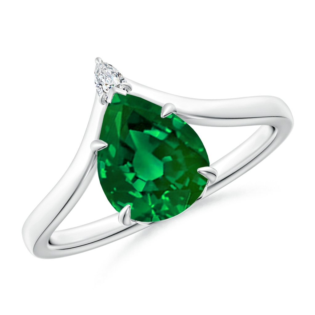 9x7mm Labgrown Lab-Grown Prong-Set Pear Emerald Chevron Engagement Ring in White Gold