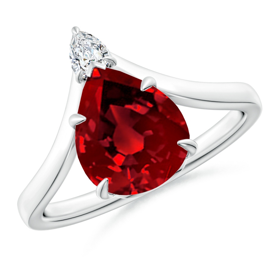 10x8mm Labgrown Lab-Grown Prong-Set Pear Ruby Chevron Engagement Ring in 18K White Gold 