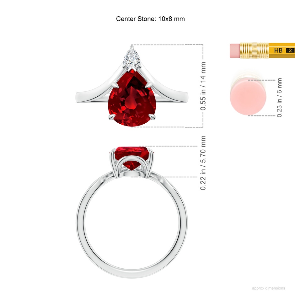 10x8mm Labgrown Lab-Grown Prong-Set Pear Ruby Chevron Engagement Ring in 18K White Gold ruler