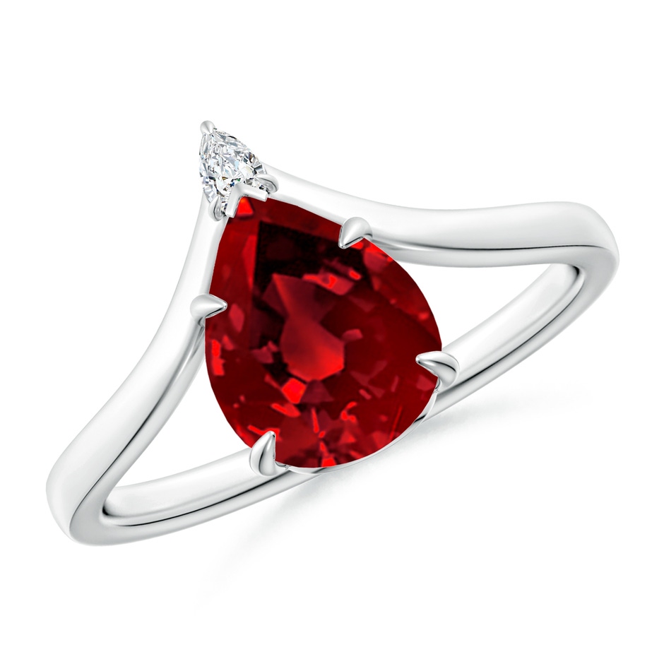 9x7mm Labgrown Lab-Grown Prong-Set Pear Ruby Chevron Engagement Ring in White Gold 