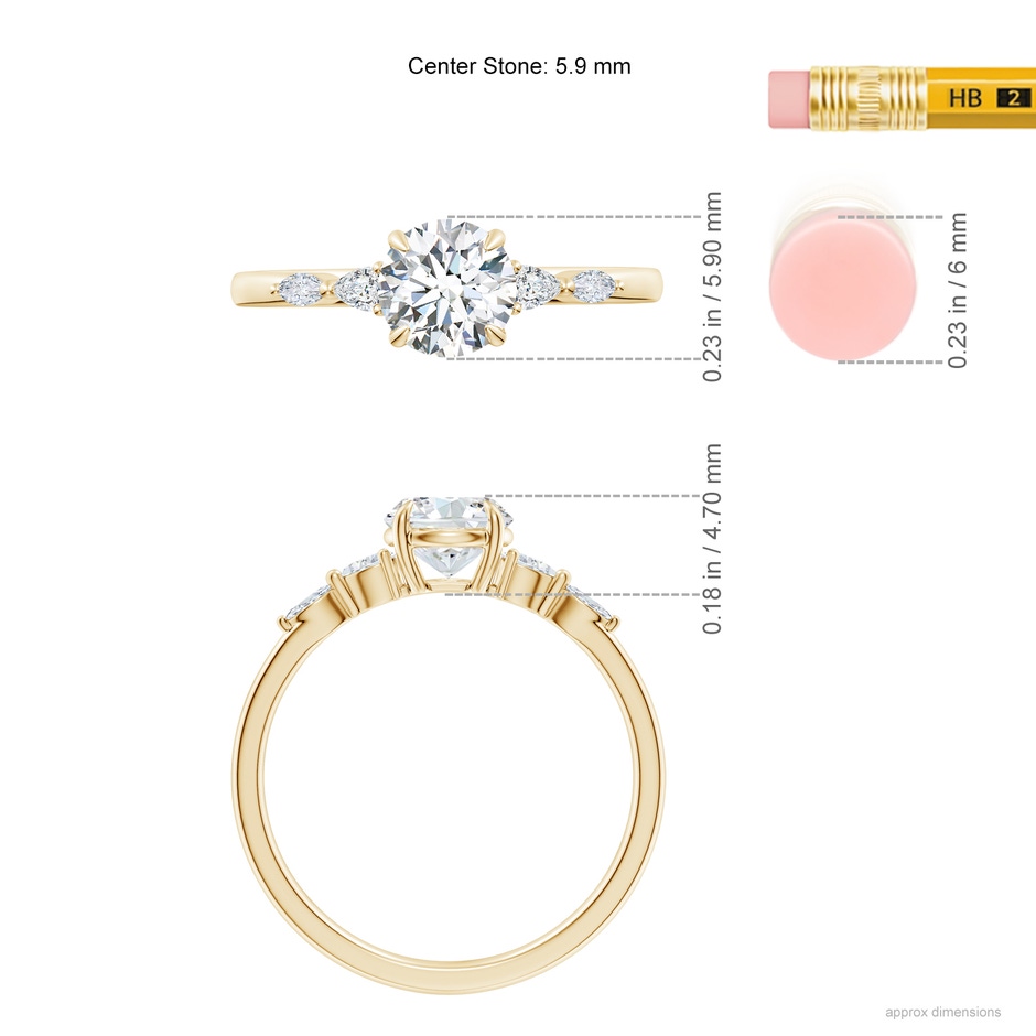 5.9mm FGVS Claw-Set Round Lab-Grown Diamond Side Stone Engagement Ring in Yellow Gold ruler