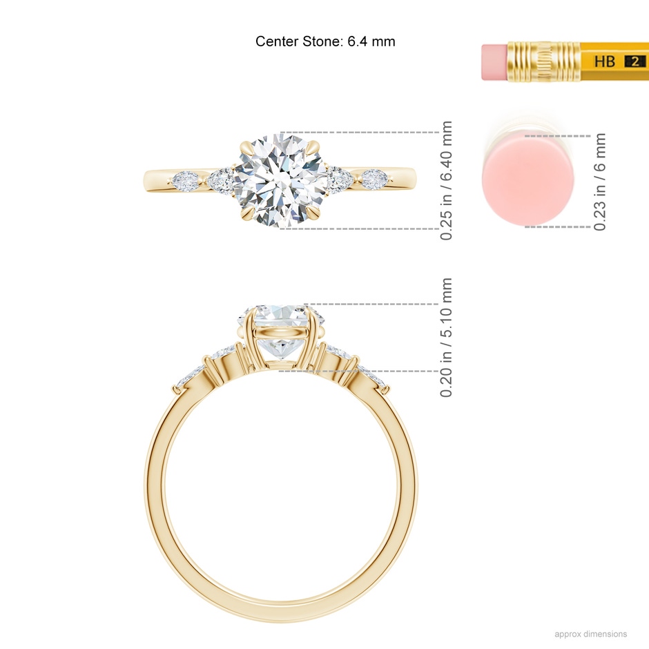 6.4mm FGVS Claw-Set Round Lab-Grown Diamond Side Stone Engagement Ring in Yellow Gold ruler