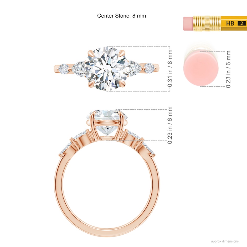 8mm FGVS Claw-Set Round Lab-Grown Diamond Side Stone Engagement Ring in Rose Gold ruler