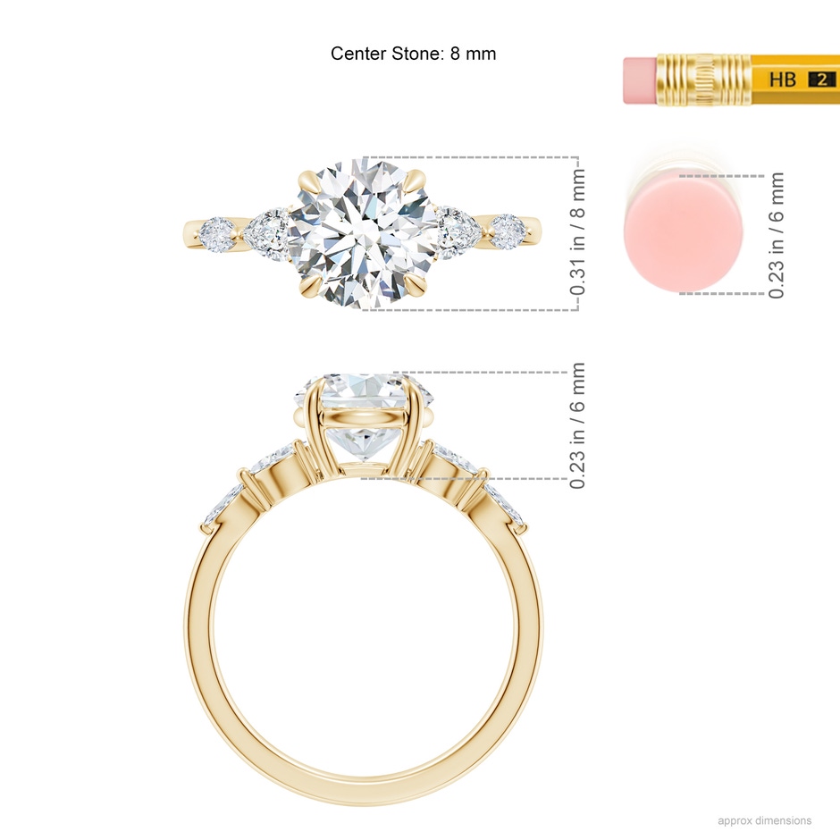 8mm FGVS Claw-Set Round Lab-Grown Diamond Side Stone Engagement Ring in Yellow Gold ruler
