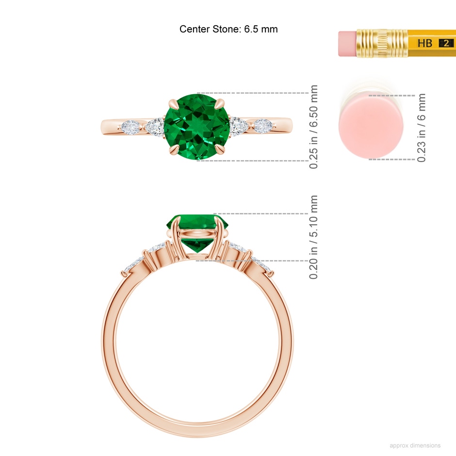 6.5mm Labgrown Claw-Set Round Lab-Grown Emerald Side Stone Engagement Ring in Rose Gold ruler