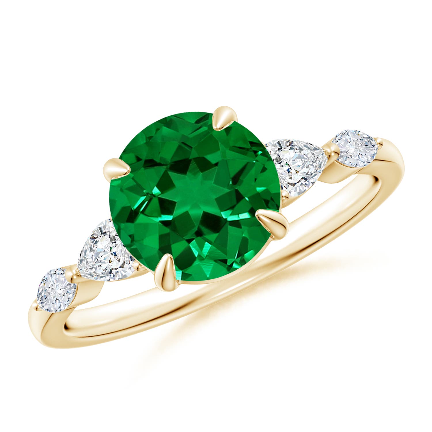 8mm Labgrown Claw-Set Round Lab-Grown Emerald Side Stone Engagement Ring in 18K Yellow Gold