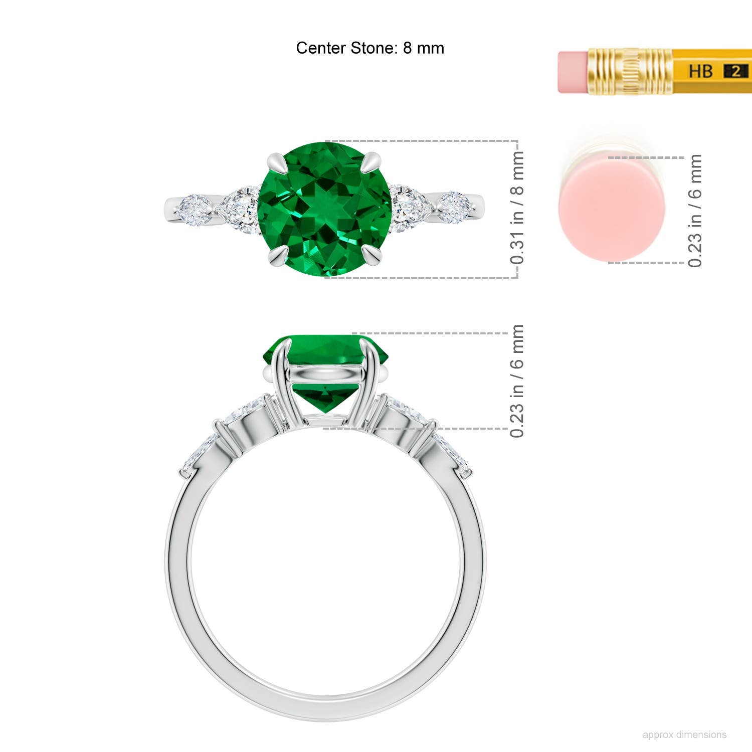 8mm Labgrown Claw-Set Round Lab-Grown Emerald Side Stone Engagement Ring in White Gold - ruler