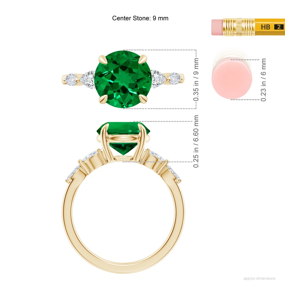 9mm Labgrown Claw-Set Round Lab-Grown Emerald Side Stone Engagement Ring in 18K Yellow Gold ruler