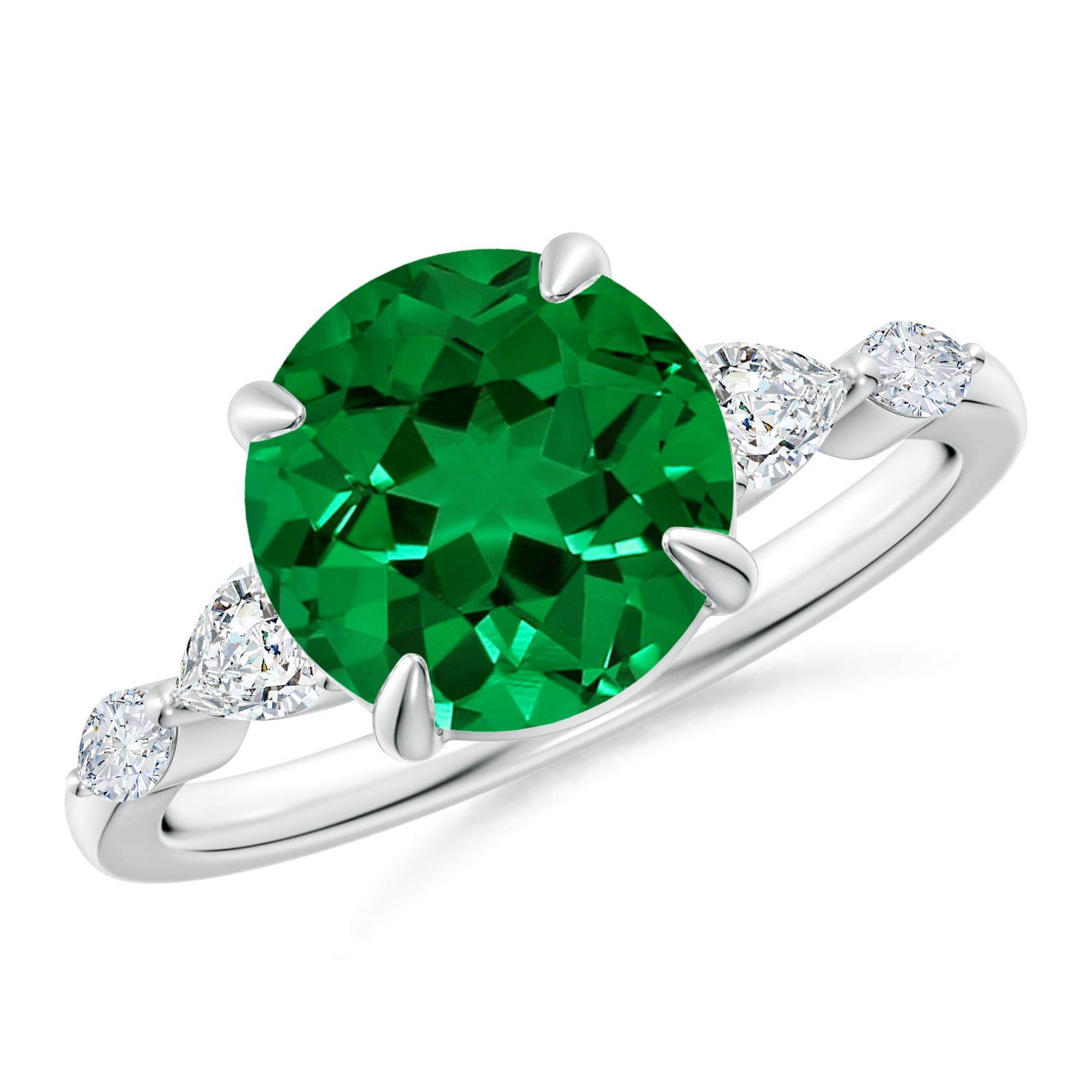 9mm Labgrown Claw-Set Round Lab-Grown Emerald Side Stone Engagement Ring in White Gold