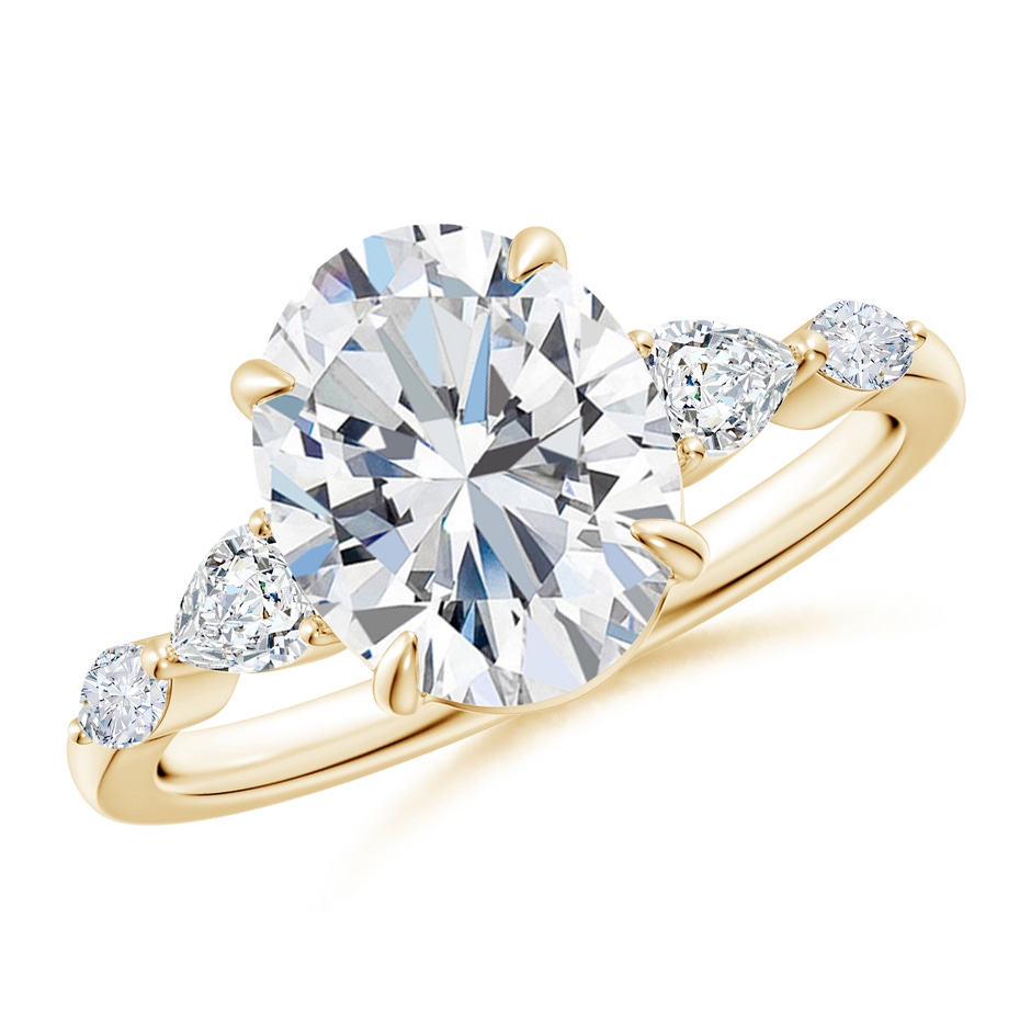 10x8mm FGVS Claw-Set Oval Lab-Grown Diamond Side Stone Engagement Ring in Yellow Gold 