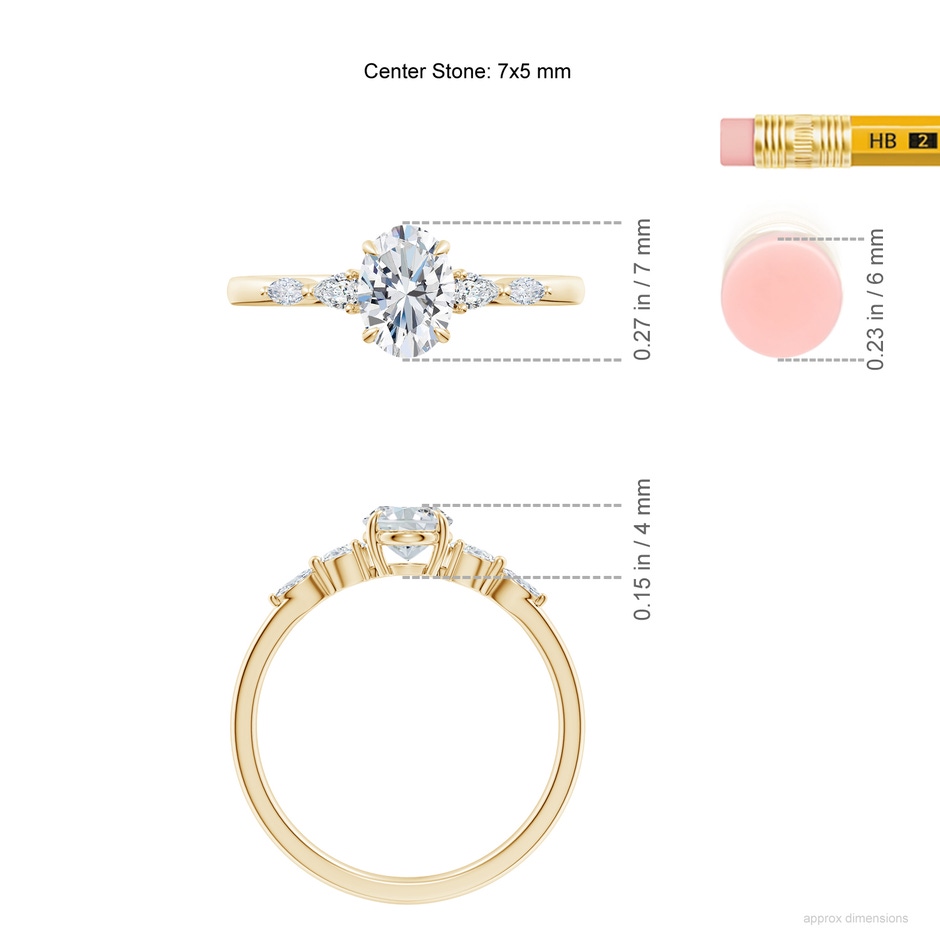 7x5mm FGVS Claw-Set Oval Lab-Grown Diamond Side Stone Engagement Ring in Yellow Gold ruler
