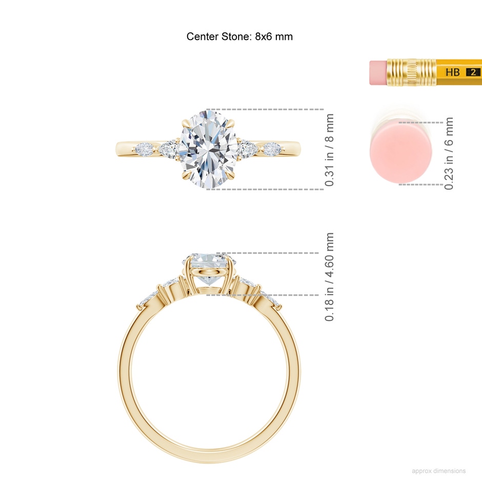 8x6mm FGVS Claw-Set Oval Lab-Grown Diamond Side Stone Engagement Ring in Yellow Gold ruler