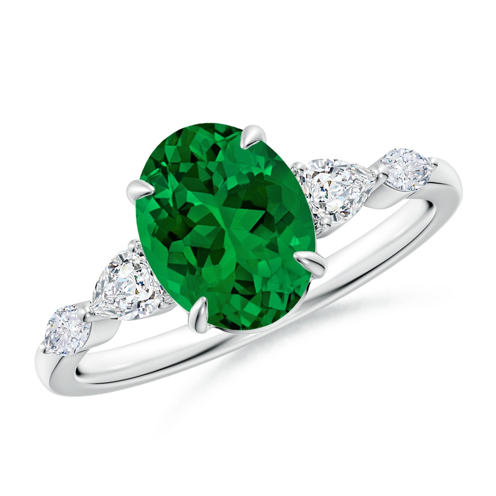 9x7mm Labgrown Lab-Grown Oval Emerald Side Stone Engagement Ring in White Gold