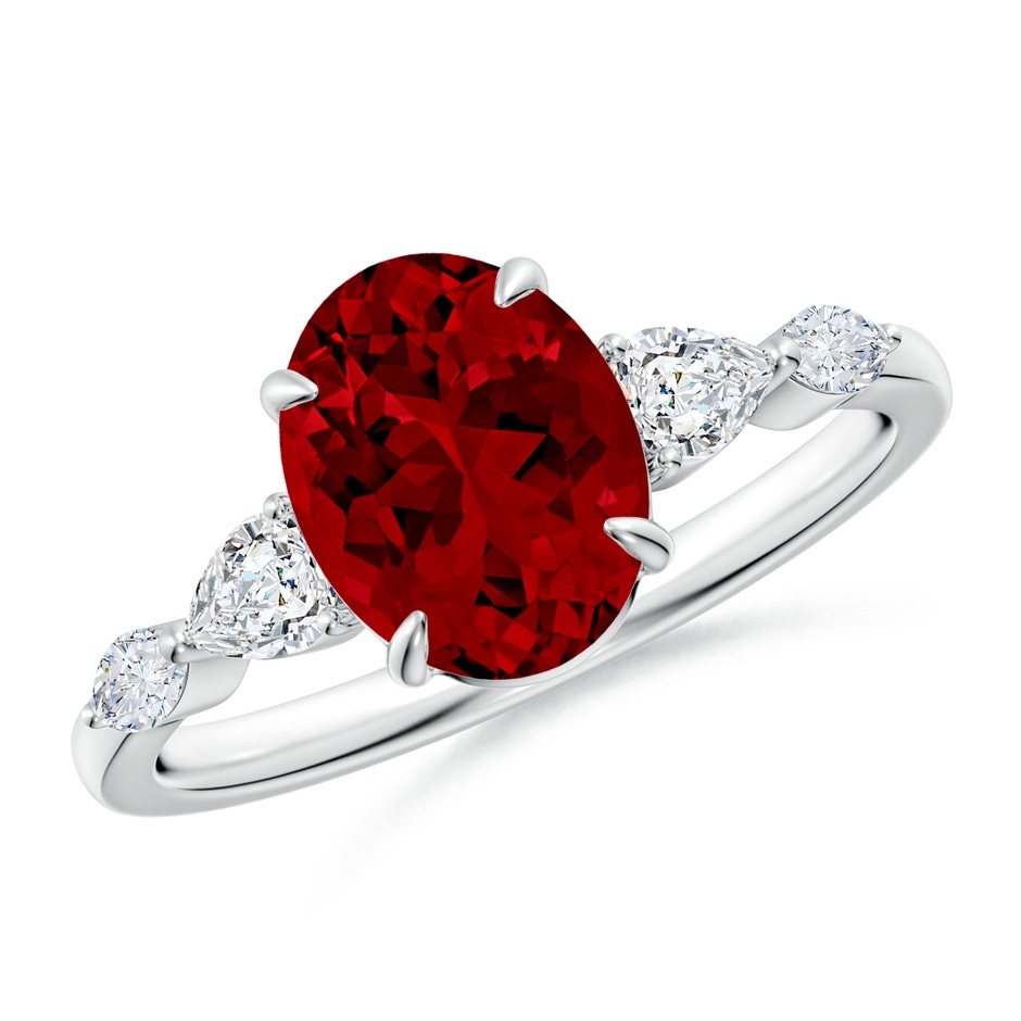 9x7mm Labgrown Lab-Grown Oval Ruby Side Stone Engagement Ring in 18K White Gold 