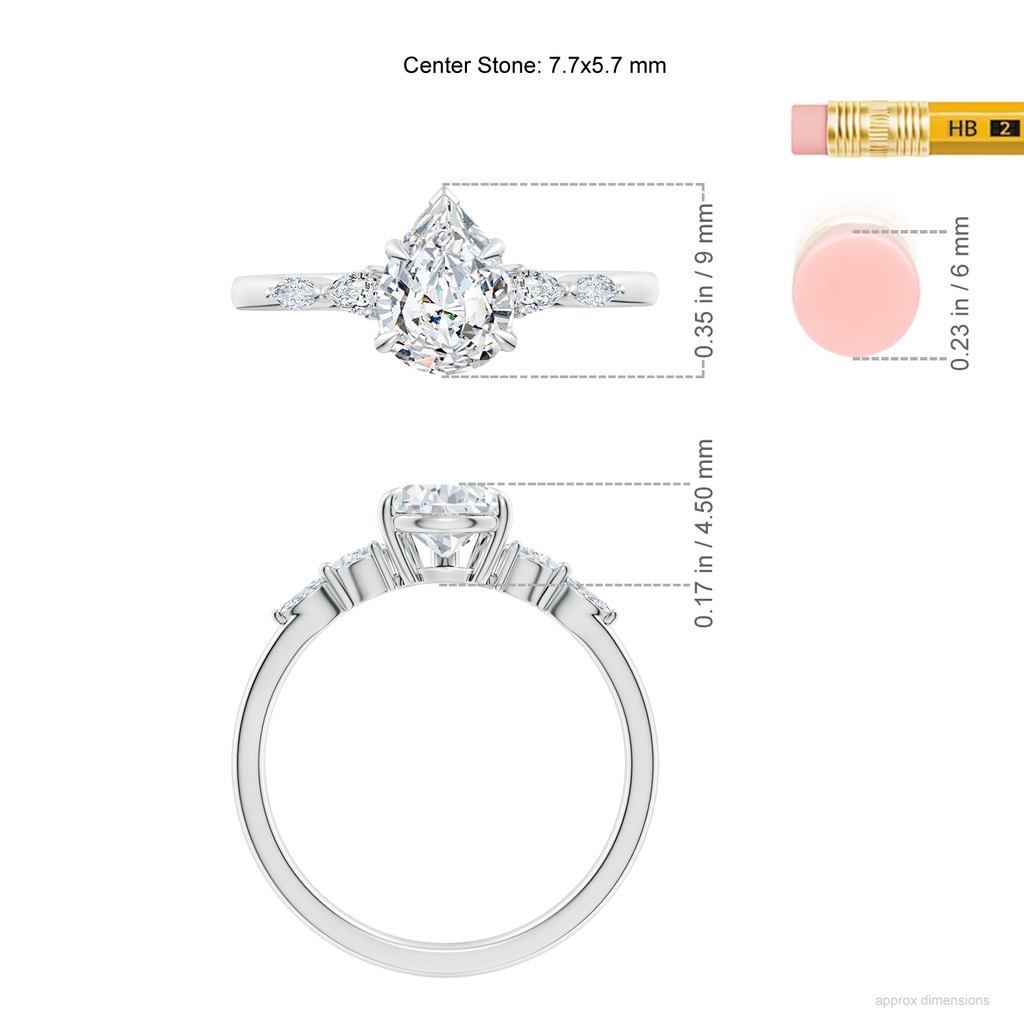 7.7x5.7mm FGVS Lab-Grown Pear-Shaped Diamond Side Stone Engagement Ring in White Gold ruler