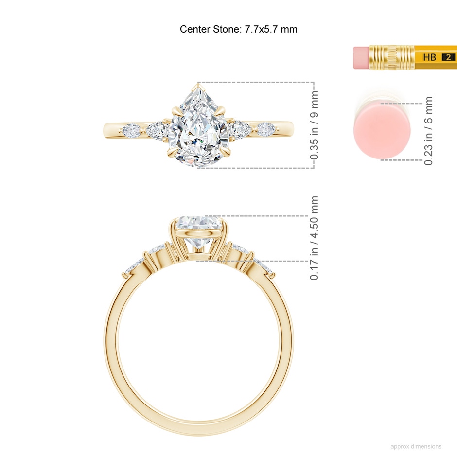 7.7x5.7mm FGVS Lab-Grown Pear-Shaped Diamond Side Stone Engagement Ring in Yellow Gold ruler