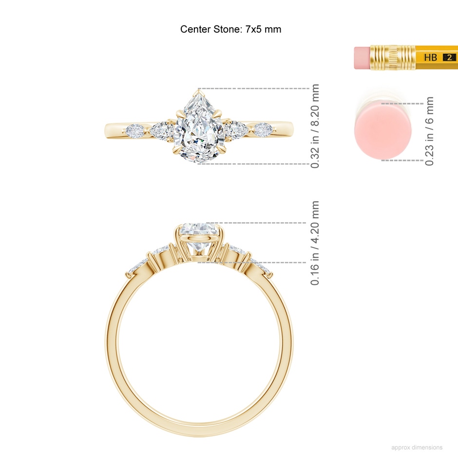 7x5mm FGVS Lab-Grown Pear-Shaped Diamond Side Stone Engagement Ring in Yellow Gold ruler