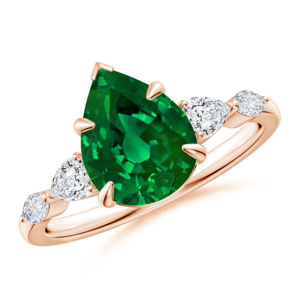 10x8mm Labgrown Lab-Grown Pear-Shaped Emerald Side Stone Engagement Ring in Rose Gold