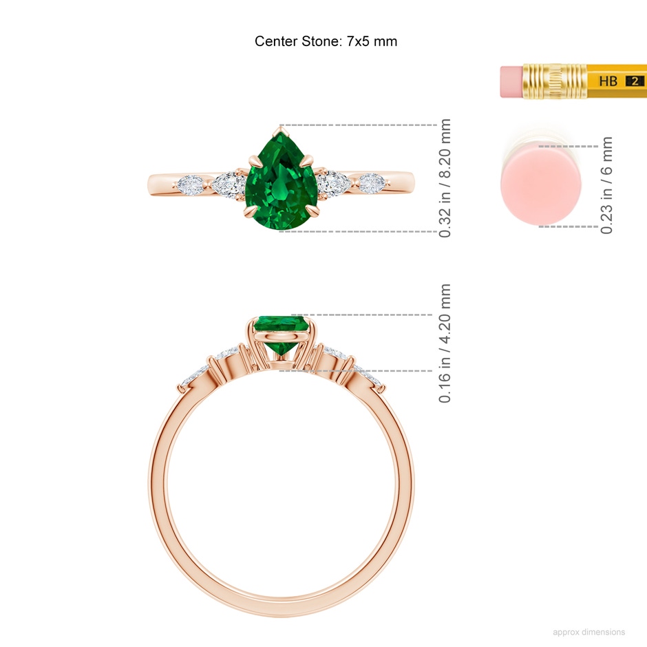 7x5mm Labgrown Lab-Grown Pear-Shaped Emerald Side Stone Engagement Ring in Rose Gold ruler