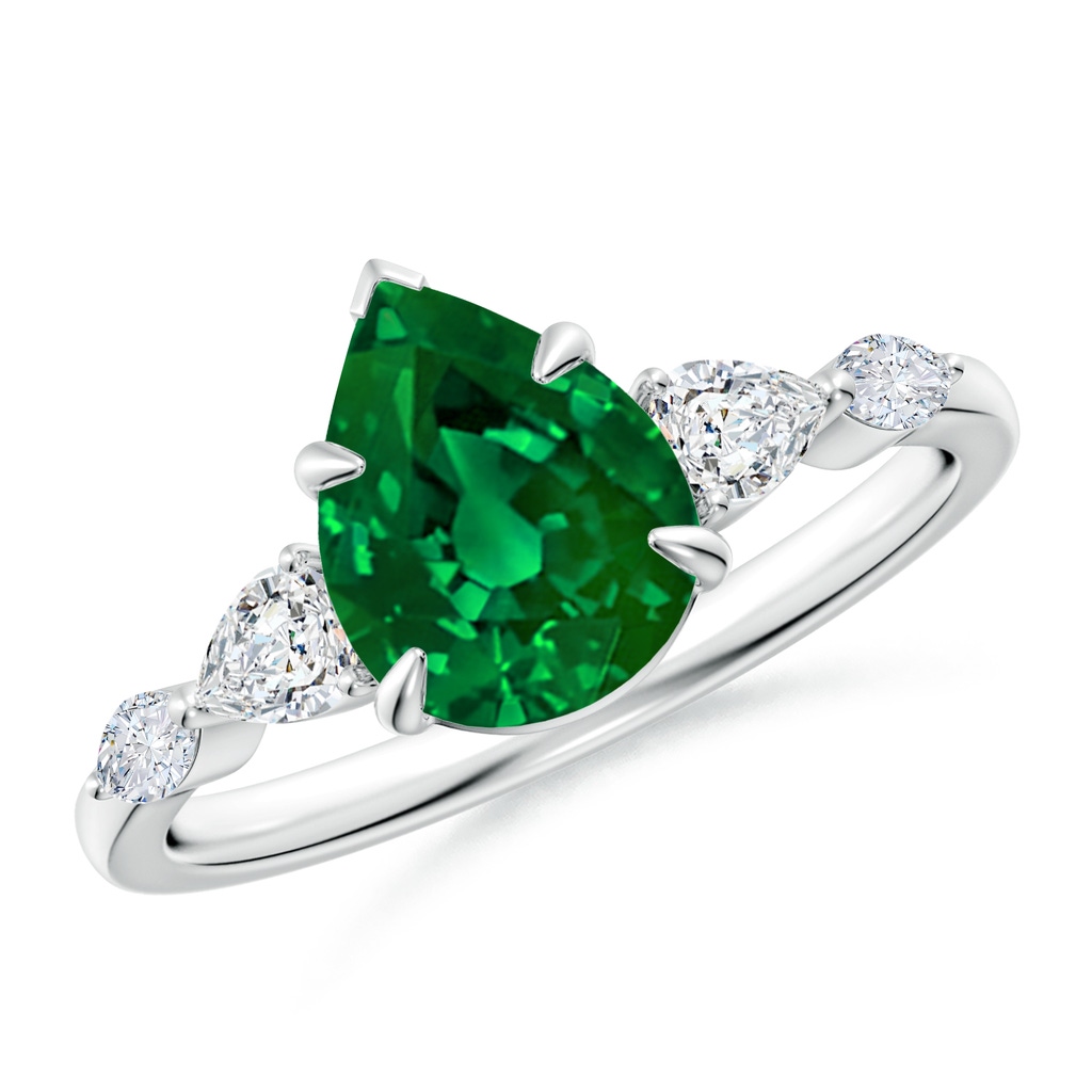 9x7mm Labgrown Lab-Grown Pear-Shaped Emerald Side Stone Engagement Ring in White Gold