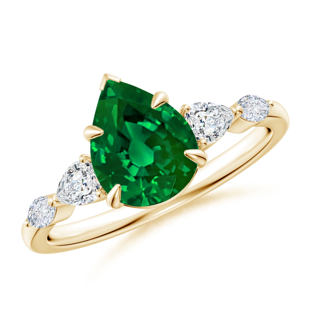9x7mm Labgrown Lab-Grown Pear-Shaped Emerald Side Stone Engagement Ring in Yellow Gold