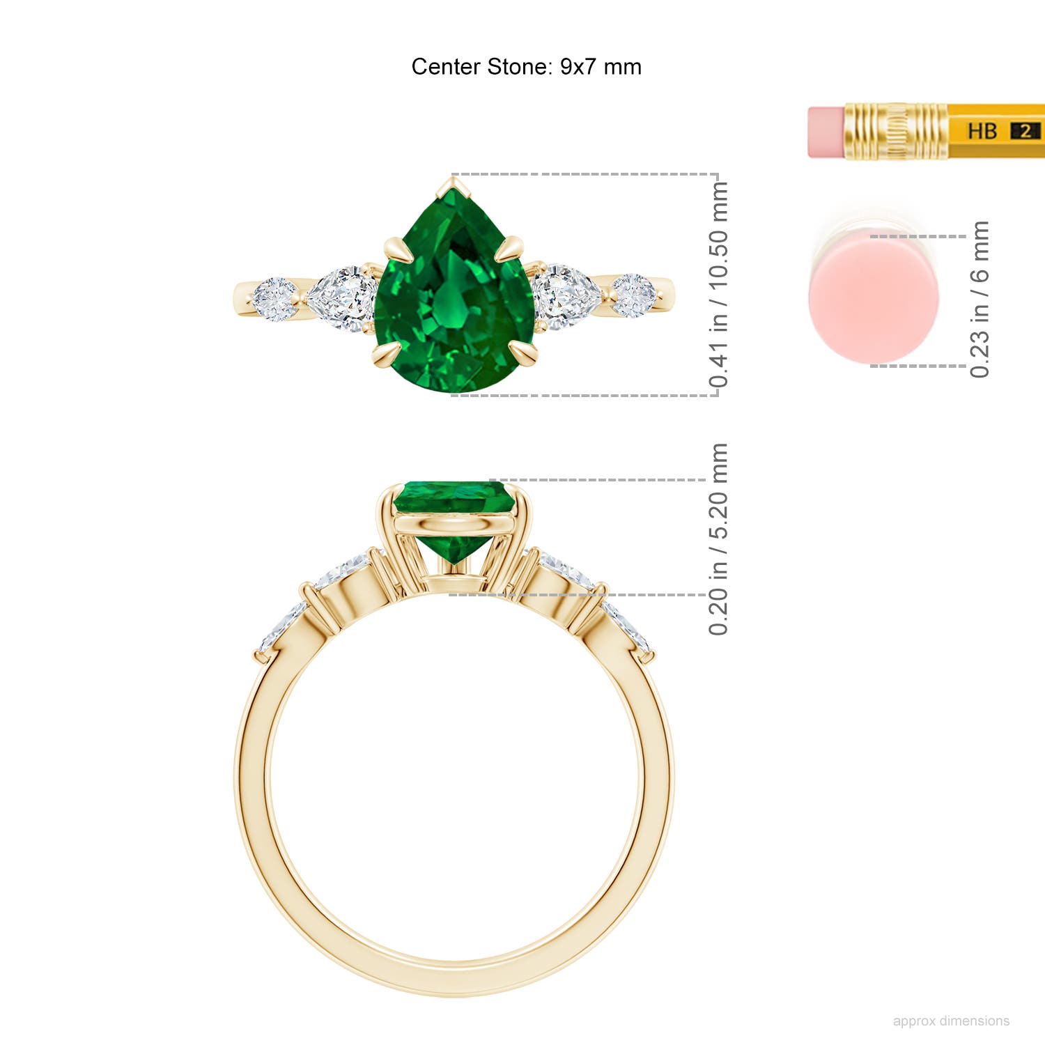 9x7mm Labgrown Lab-Grown Pear-Shaped Emerald Side Stone Engagement Ring in Yellow Gold - ruler