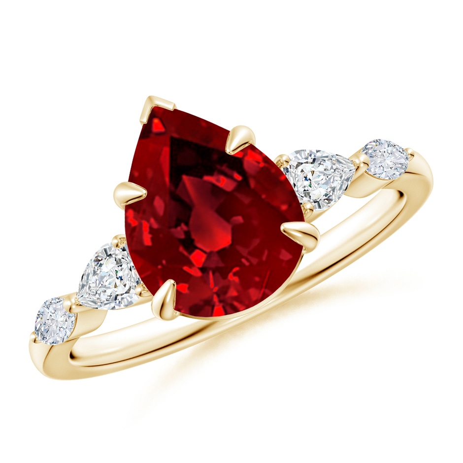 10x8mm Labgrown Lab-Grown Pear-Shaped Ruby Side Stone Engagement Ring in Yellow Gold 