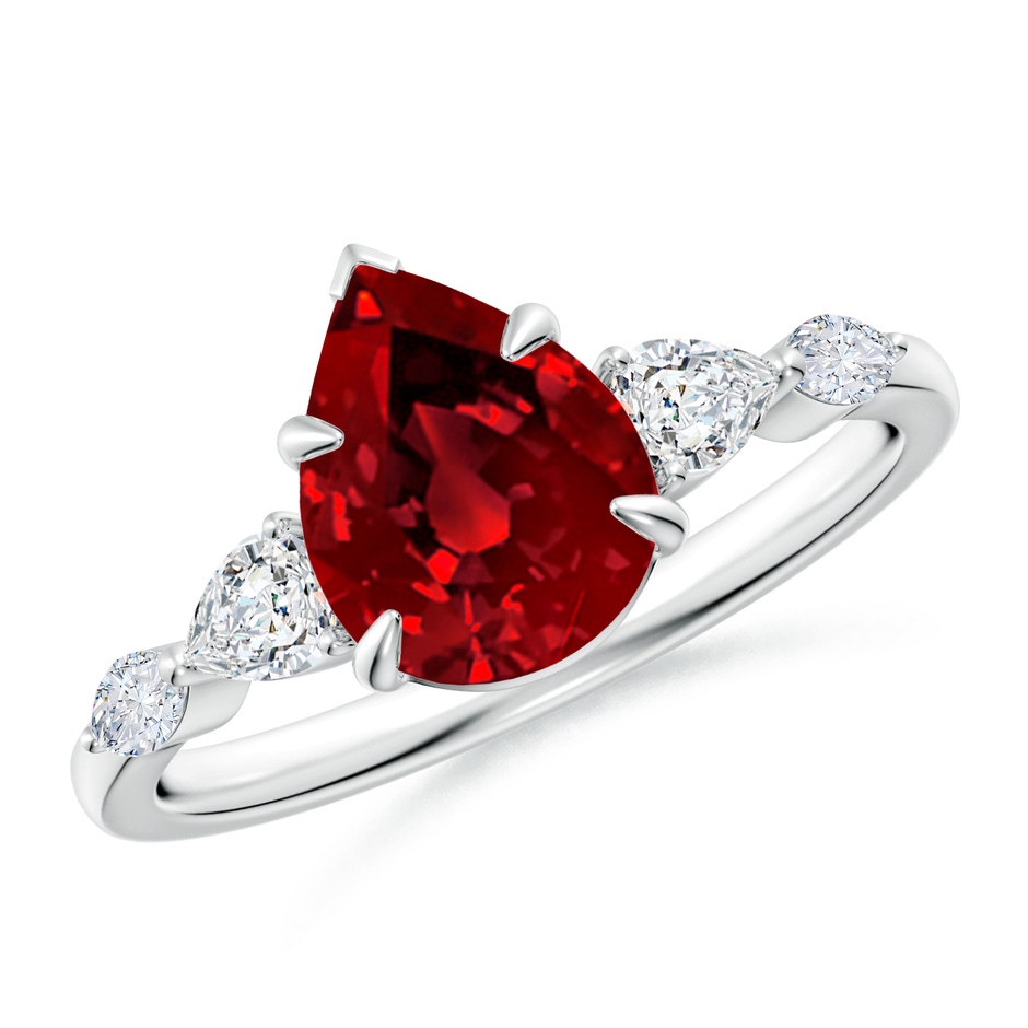 9x7mm Labgrown Lab-Grown Pear-Shaped Ruby Side Stone Engagement Ring in 18K White Gold 