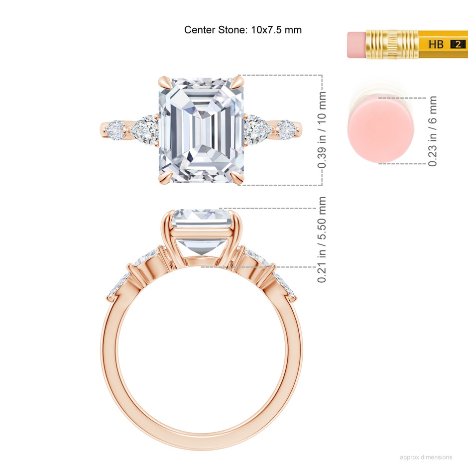 10x7.5mm FGVS Claw-Set Emerald-Cut Lab-Grown Diamond Side Stone Engagement Ring in 18K Rose Gold ruler