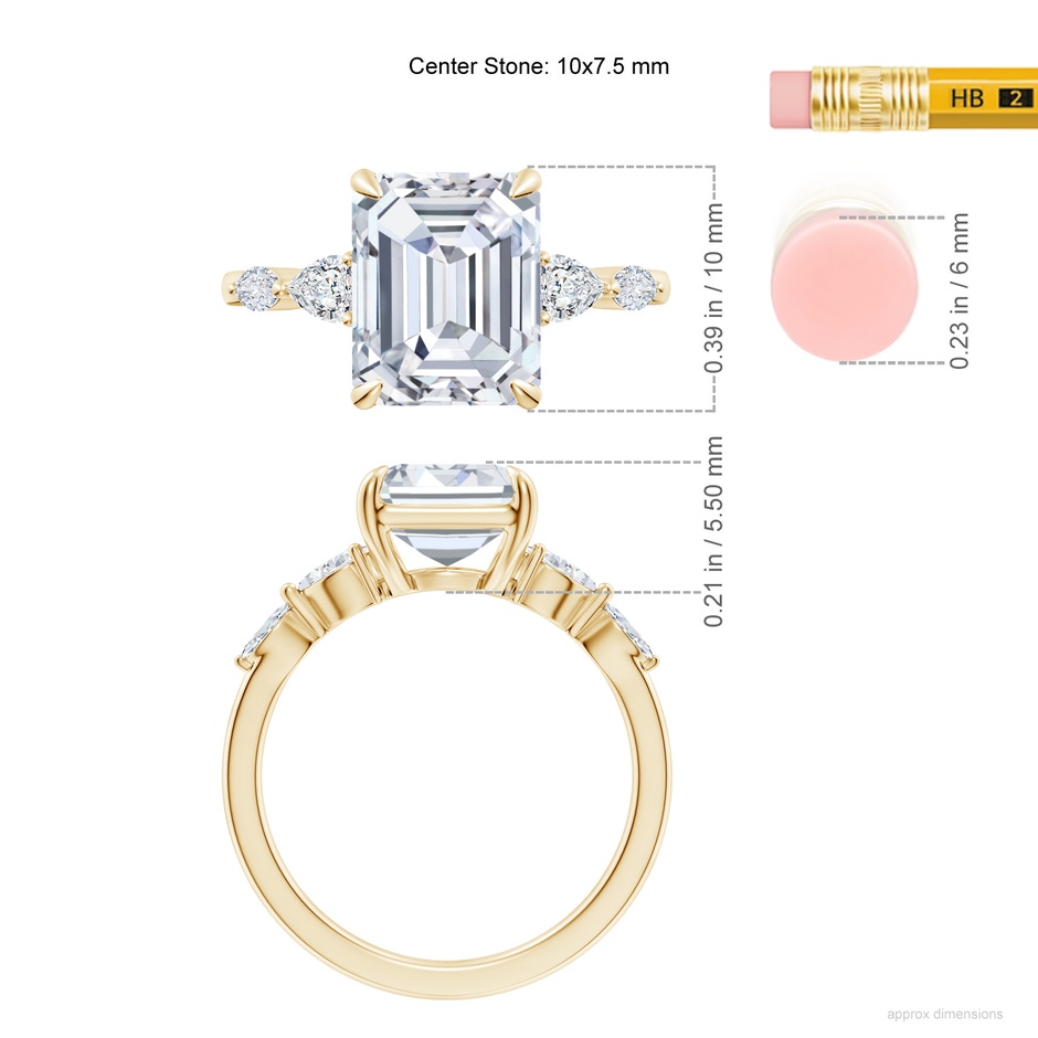 10x7.5mm FGVS Claw-Set Emerald-Cut Lab-Grown Diamond Side Stone Engagement Ring in Yellow Gold ruler