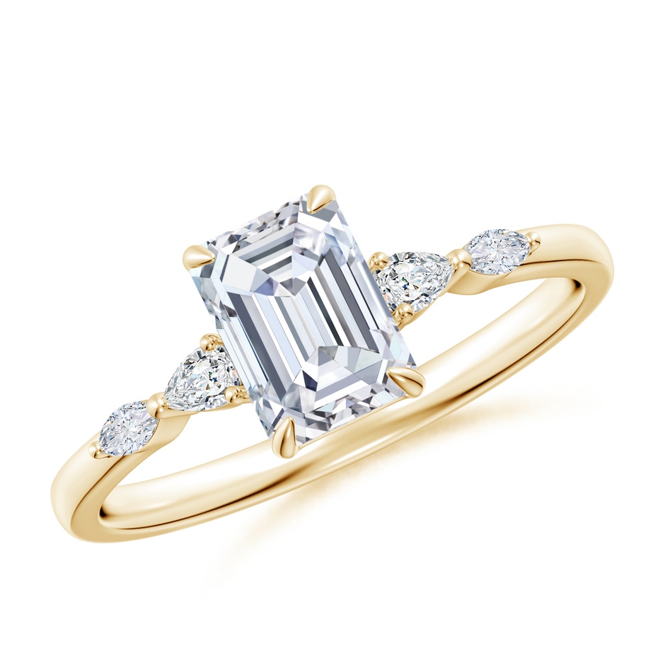 7x5mm FGVS Claw-Set Emerald-Cut Lab-Grown Diamond Side Stone Engagement Ring in Yellow Gold 