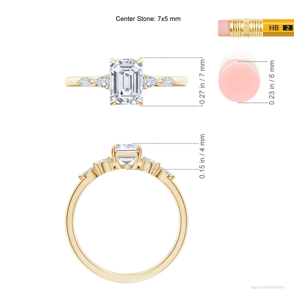 7x5mm FGVS Claw-Set Emerald-Cut Lab-Grown Diamond Side Stone Engagement Ring in Yellow Gold ruler