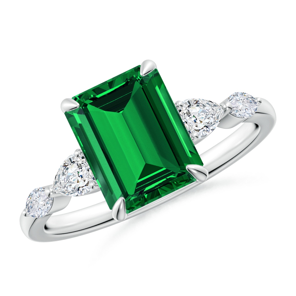 9x7mm Labgrown Lab-Grown Emerald-Cut Emerald Side Stone Engagement Ring in White Gold