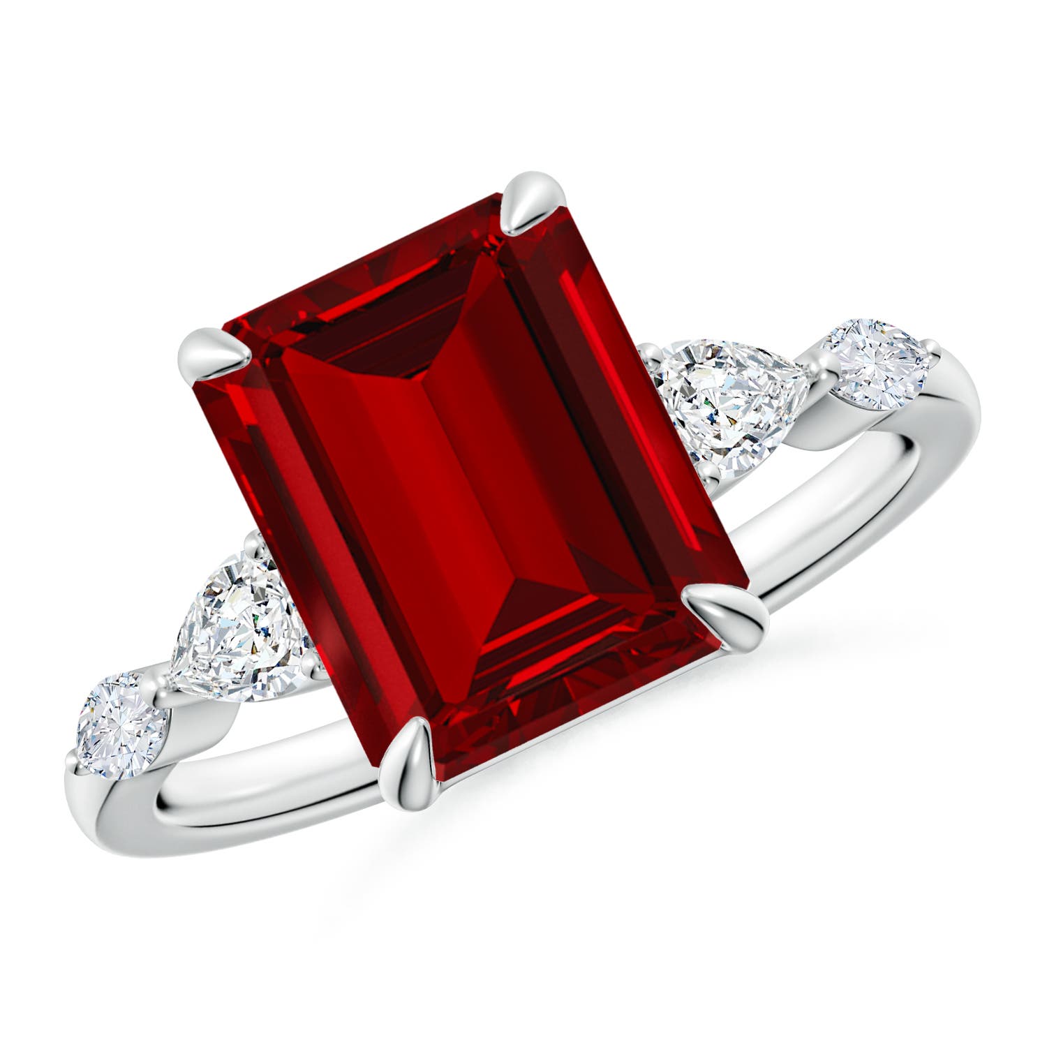 10x8mm Labgrown Claw-Set Emerald-Cut Lab-Grown Ruby Side Stone Engagement Ring in 18K White Gold