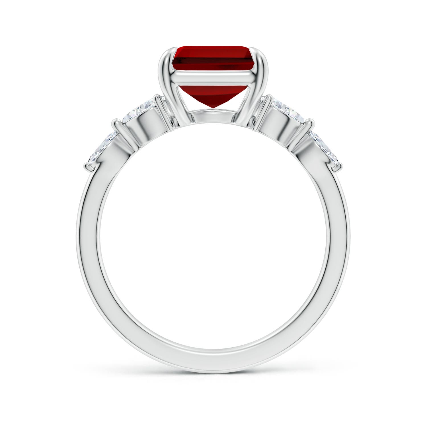 10x8mm Labgrown Claw-Set Emerald-Cut Lab-Grown Ruby Side Stone Engagement Ring in 18K White Gold