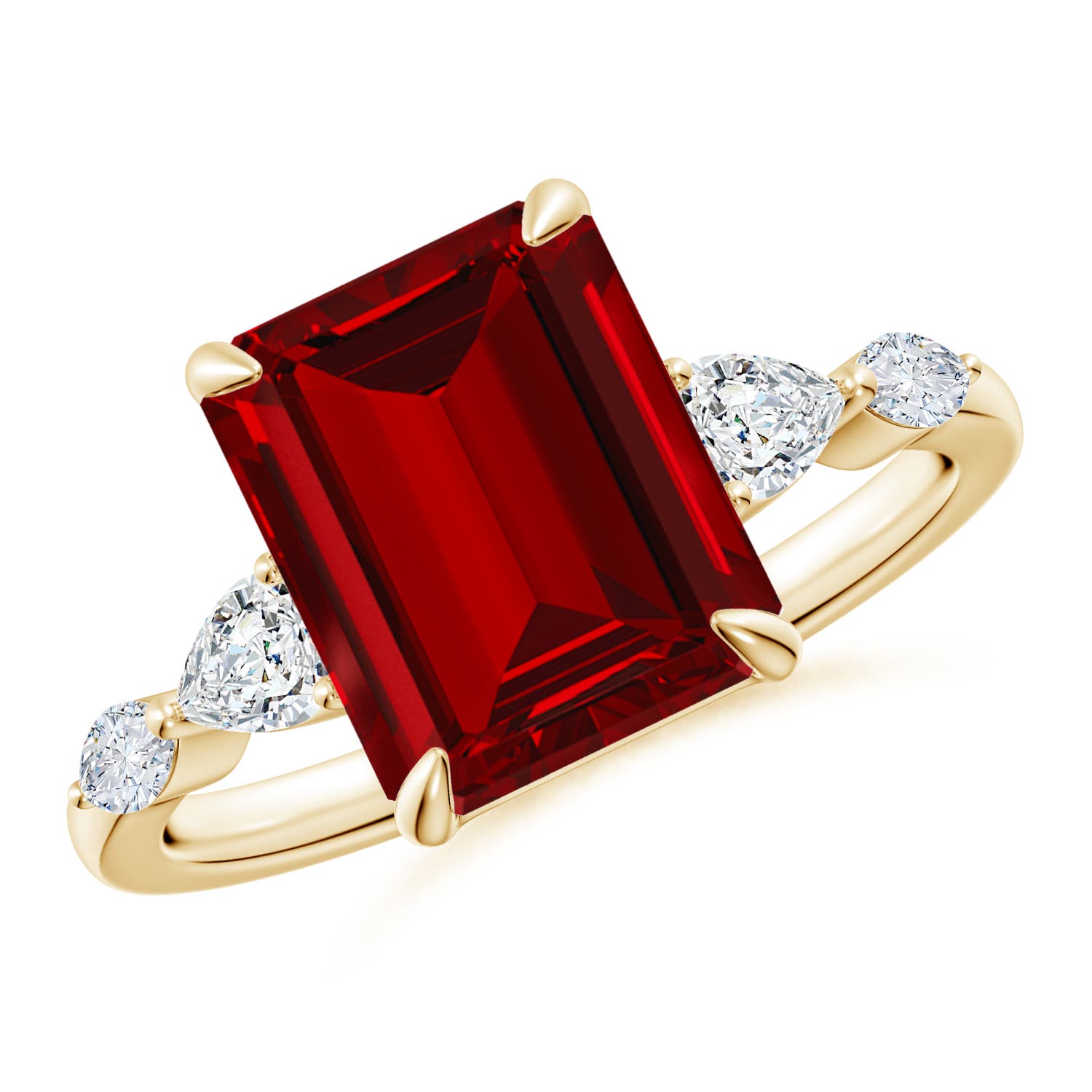 10x8mm Labgrown Claw-Set Emerald-Cut Lab-Grown Ruby Side Stone Engagement Ring in 18K Yellow Gold