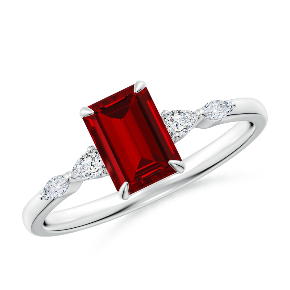 7x5mm Labgrown Claw-Set Emerald-Cut Lab-Grown Ruby Side Stone Engagement Ring in White Gold 