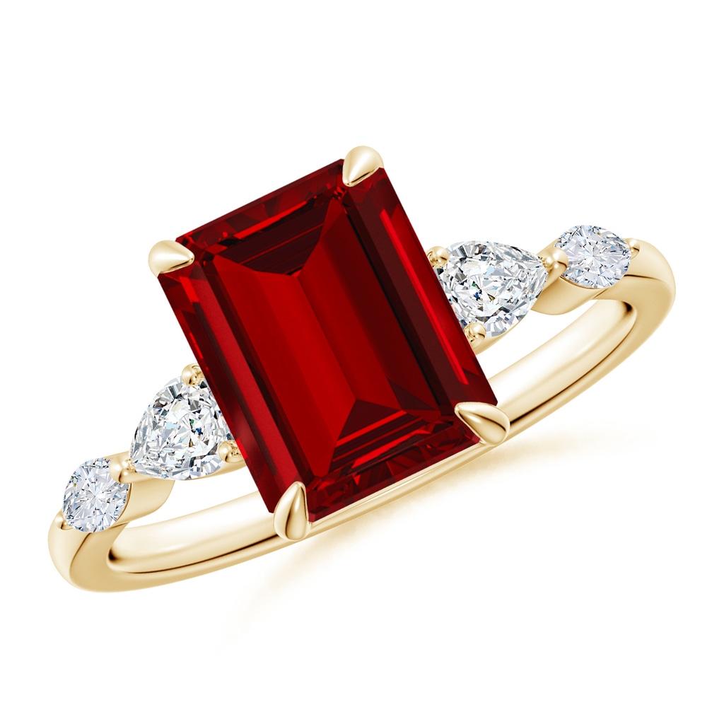 9x7mm Labgrown Claw-Set Emerald-Cut Lab-Grown Ruby Side Stone Engagement Ring in 18K Yellow Gold