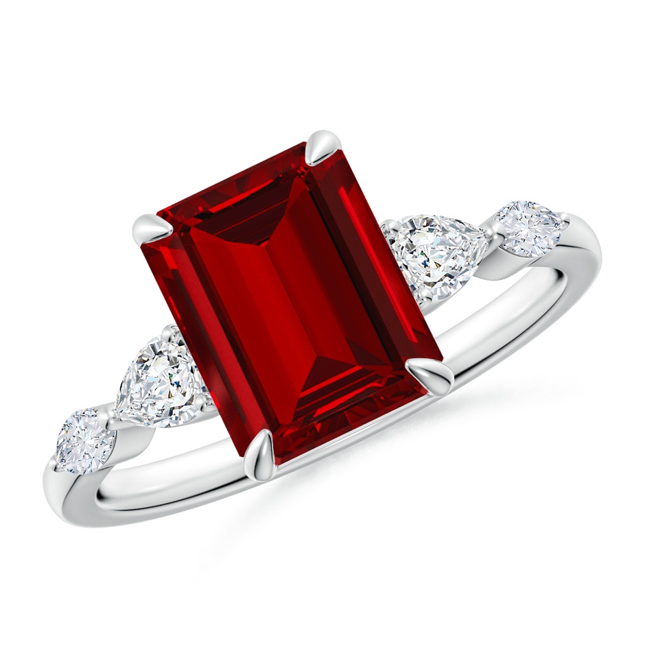 9x7mm Labgrown Lab-Grown Emerald-Cut Ruby Side Stone Engagement Ring in White Gold 