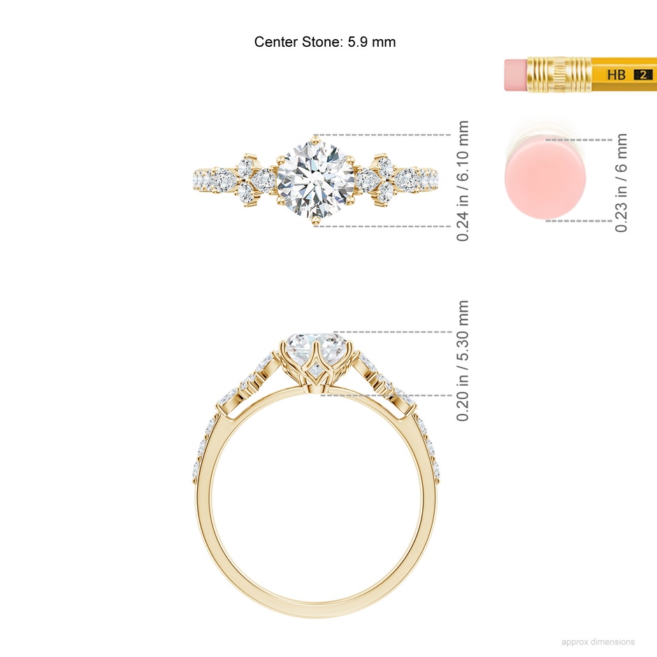 5.9mm FGVS Lab-Grown Round Diamond Side Stone Engagement Ring with Accents in Yellow Gold ruler