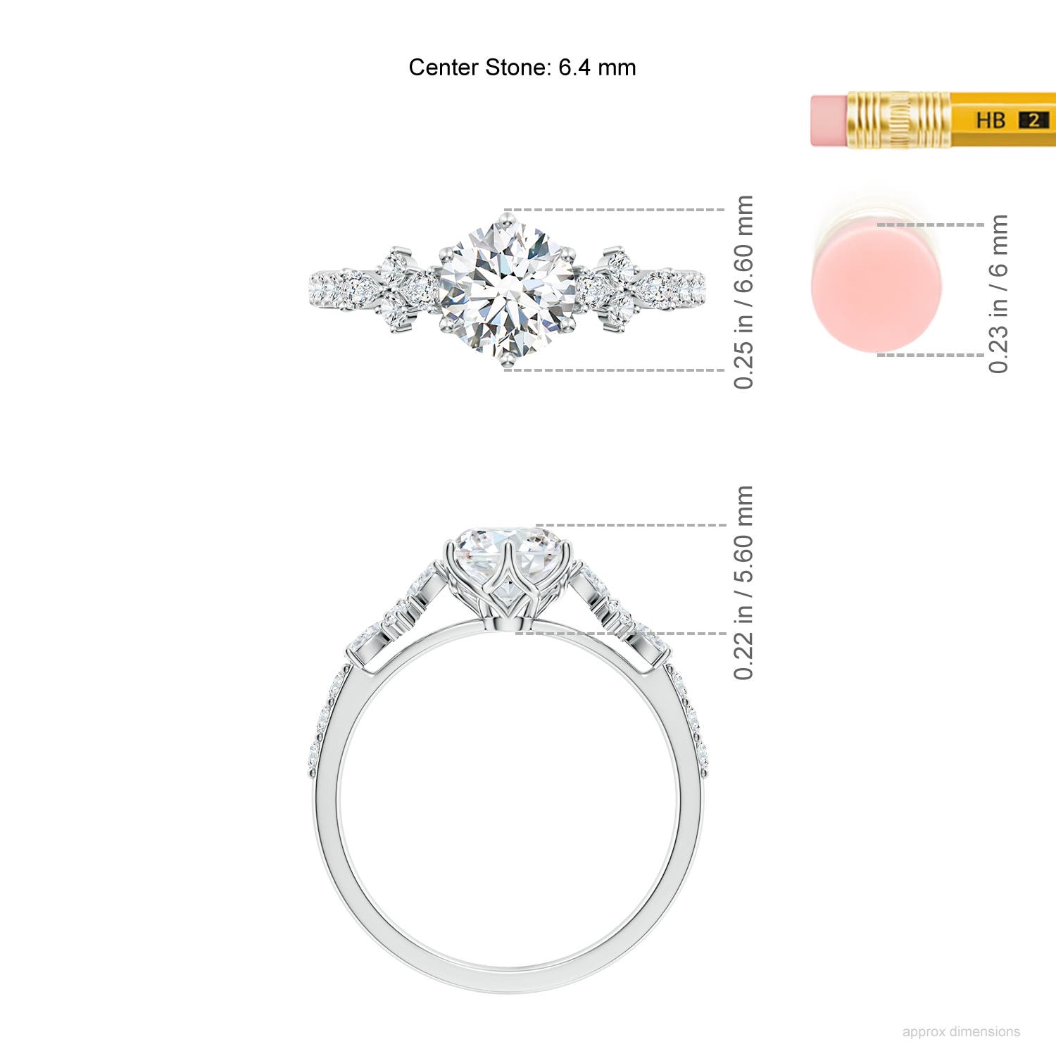 6.4mm FGVS Lab-Grown Round Diamond Side Stone Engagement Ring with Accents in 18K White Gold - ruler