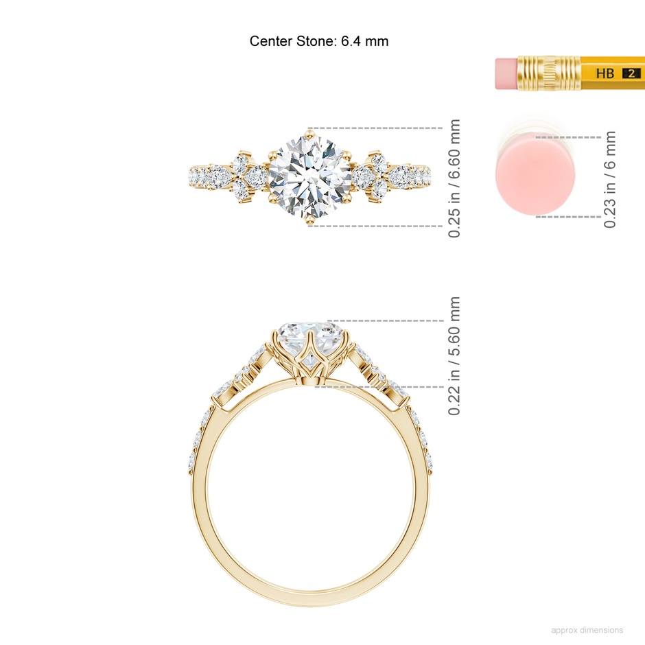 6.4mm FGVS Lab-Grown Round Diamond Side Stone Engagement Ring with Accents in Yellow Gold ruler