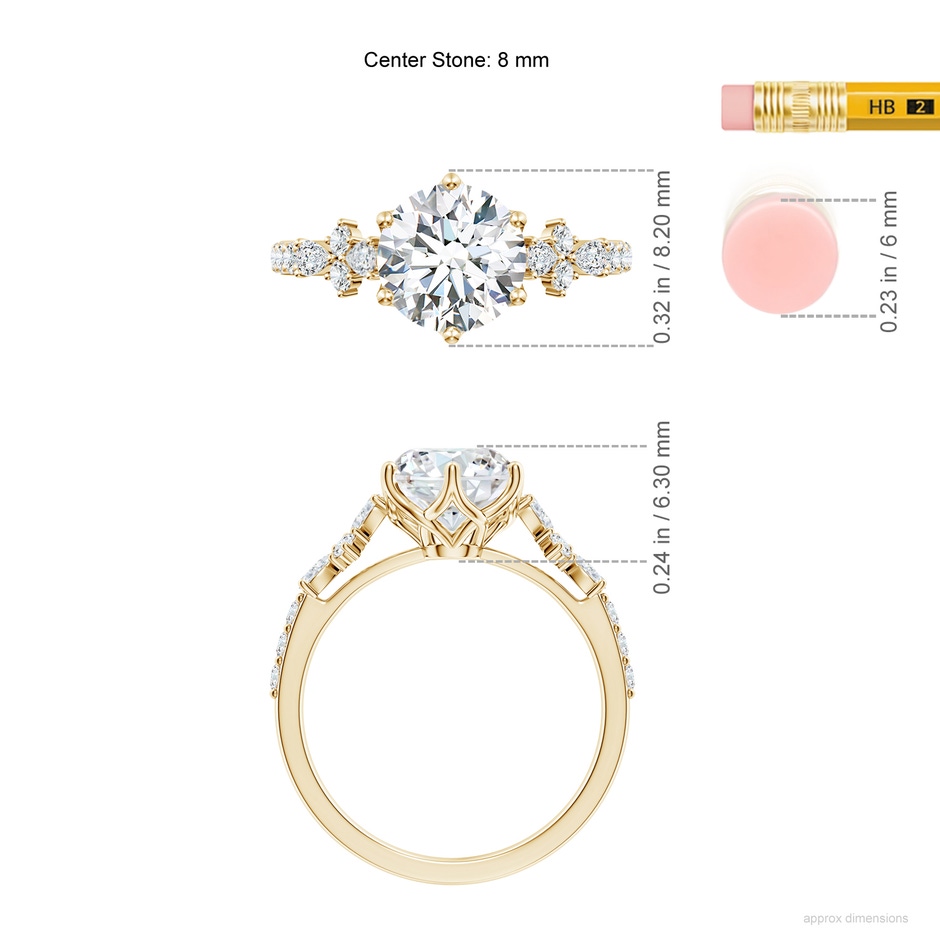 8mm FGVS Lab-Grown Round Diamond Side Stone Engagement Ring with Accents in Yellow Gold ruler
